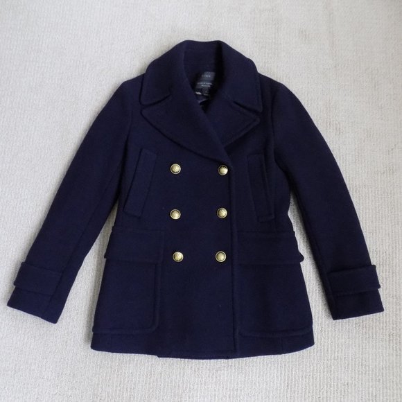 WOMENS J.CREW STADIUM CLOTH PEACOAT COAT SZ 2 NAVY BLUE GOLD